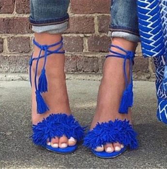 Brand Tassel Fringe Suede Women Sandals Lace Up Ankle Strappy High Heels Prom Wedding Shoes Woman Sandalias Mujer