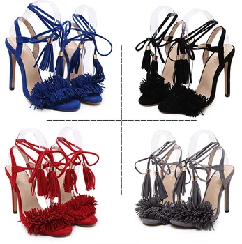 Brand Tassel Fringe Suede Women Sandals Lace Up Ankle Strappy High Heels Prom Wedding Shoes Woman Sandalias Mujer