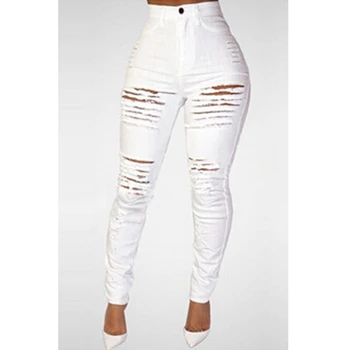 Hot fashionable popular 2017 bodycon jeans solid white full length jeans high waist sexy denim pants