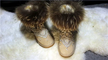 Fashion Natural Cow Suede Snow Boots Hand-sewn Fringed Leather Ankle Boots Women Winter Boots Flats Shoes Rhinestone Fur Boots