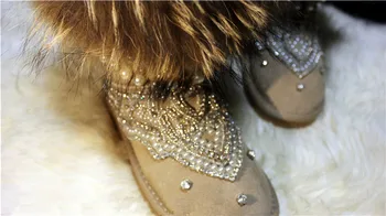 Fashion Natural Cow Suede Snow Boots Hand-sewn Fringed Leather Ankle Boots Women Winter Boots Flats Shoes Rhinestone Fur Boots