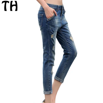 2016 Mid Waist Patchwork Ripped Jeans For Women Pantalons Mujer Elastic Ankle Length Vintage Casual Denim Pants #161280