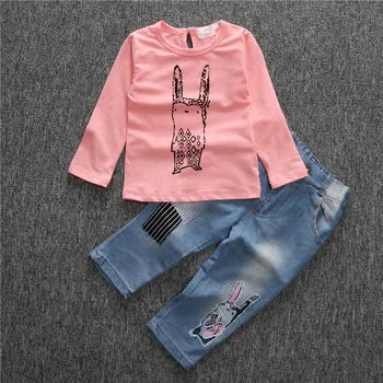 2016 Spring Autumn New Girls Long-sleeved Cartoon Rabbit T-shirt+denim Trousers 2 Piece Leisure Suit Set