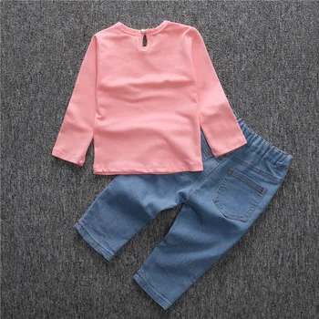 2016 Spring Autumn New Girls Long-sleeved Cartoon Rabbit T-shirt+denim Trousers 2 Piece Leisure Suit Set
