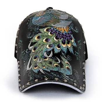 Unique Design Unisex Spring Summer Peacock 3D Print Baseball Caps Men Peak Hats Personality Studs Rivet Cap