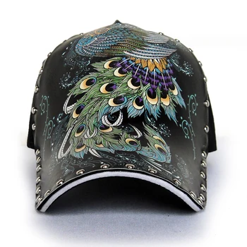 Unique Design Unisex Spring Summer Peacock 3D Print Baseball Caps Men Peak Hats Personality Studs Rivet Cap