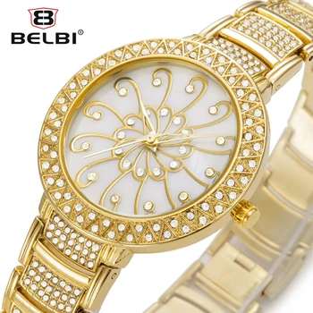 2016 Belbi Fashion Quartz Women Watch Ladies Steel Mesh Wrist Watches Luxury Casual Quartz-Watch Flower Dial Rhinestone Relojes