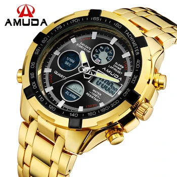 Full Steel Gold Watch Mens Military Sport Wristwatch Led Digital Back Light Watches Men Relogio Masculino