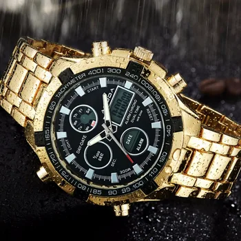 Full Steel Gold Watch Mens Military Sport Wristwatch Led Digital Back Light Watches Men Relogio Masculino