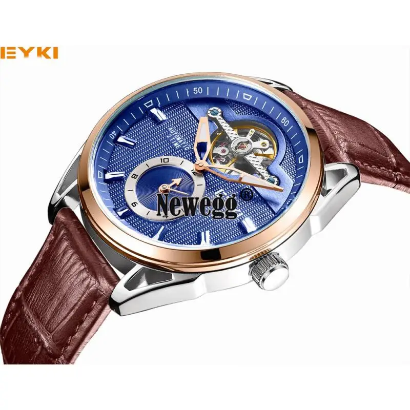 EYKI Luminous Business Automatic Watches Dual Time Skeleton Mechanical Watch Men Genuine Leather Strap Watch relogio masculino