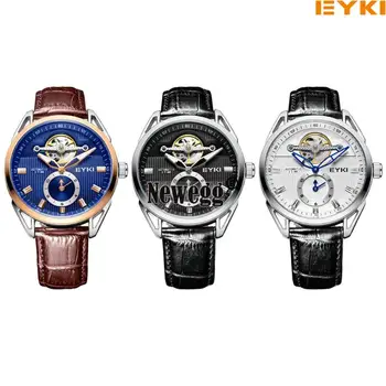 EYKI Luminous Business Automatic Watches Dual Time Skeleton Mechanical Watch Men Genuine Leather Strap Watch relogio masculino