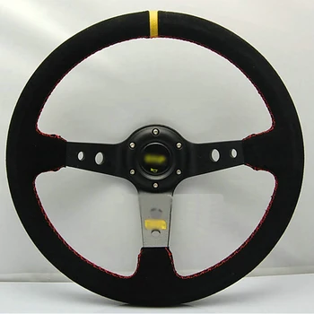 New Universal Sport 350mm Second Level Leather Deep Dish Steering Wheel Yellow Strip