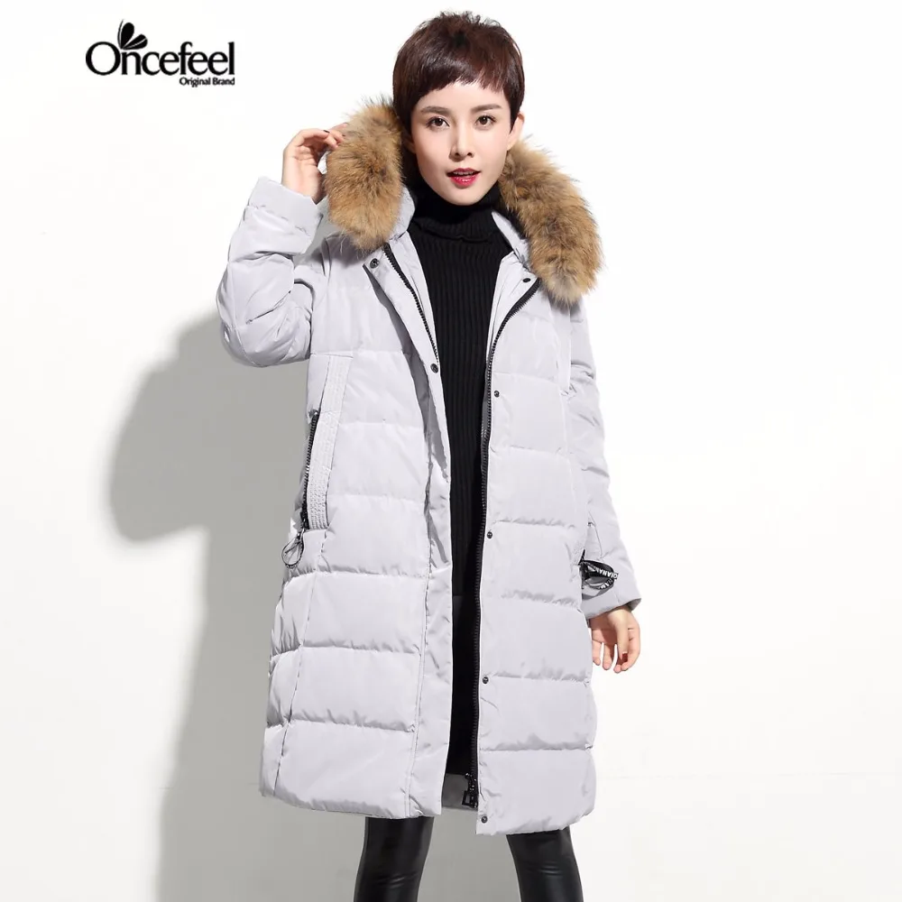 Coat Loose white duck feather collar down jacket Women's winter coats long section Zipper raccoon hair hooded sleeve WXTCST1355