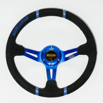 New Universal Sport 350mm Second Level Leather Deep Dish Steering Wheel Blue Strip