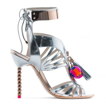 Hot selling runway colorful pom pom high heel sandal sexy open toe pearls heels woman sandal ankle strap gladiator sandal