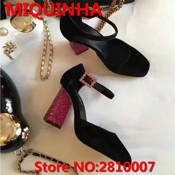 Spring/Summer Elegant Mature Crystal High Square Heel Mixed Colors Buckle Strap Party Wedding Flock Sandals Ankle Shoes Women