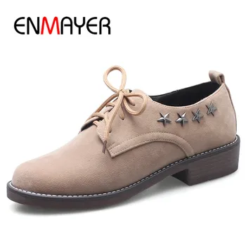 ENMAYER Brogue Shoes Woman Lace-up Round Toe Spring&Autumn Flats Causal Shoes in Women's Plus Size 34-43 Rivets Charms Flats