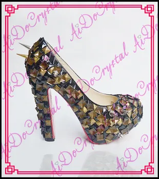 Aidocrystal punk style bronze rivet balck high heel dress shoes for girls