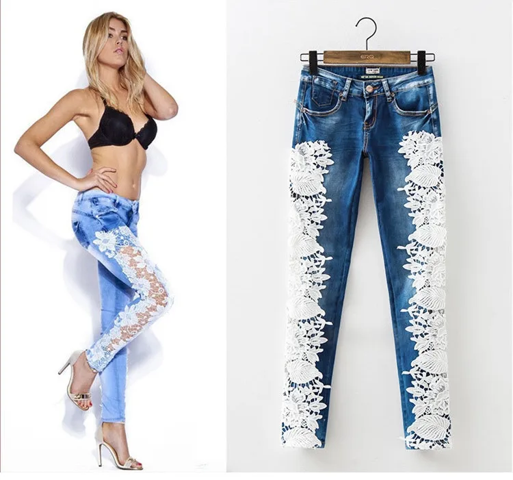 New fashion hollow out lace full length pencil pants mid waisted patchwork skinny women jeans trousers leggings plus size womans