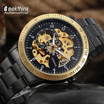 Vintage Black Gold Men's Skeleton WristWatch Stainless steel Antique Steampunk Casual Automatic Skeleton Mechanical Watches Male