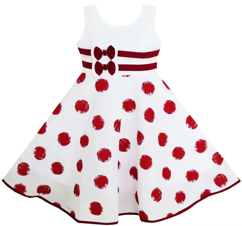 Girls Dress Wine Red Polka Dot Circle Double Bow Tie 2016 Summer Princess Wedding Party Dresses Girl Clothes Size 4-12 Pageant