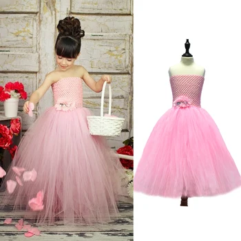 Pink Color Baby Tutu Dress with Flowers Wedding Flower Girl Tutu Dress Children Girl Party Summer Dress Clothing