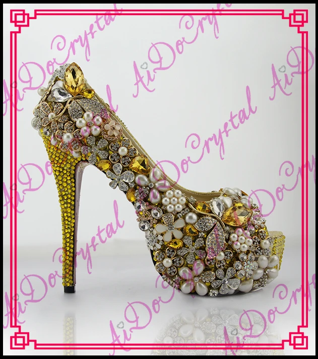 Aidocrystal Luxury shining rhinestone gold dress shoes women wedding pumps sexy peep toe high heels famous brand shoes