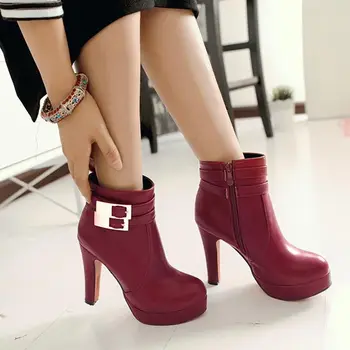Hot Double Buckle Women short Boots Platform New Lady's Round Toe High Heel Black Fashion Ankle Boots Red Bottom Shoes C805