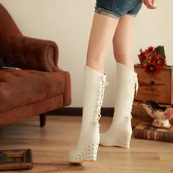 Hot Sell New autumn Women's Fashion Knee Length High Heel Warm Winter Long Boots Lace up martin Platform Wedge riding boots
