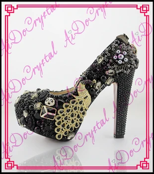 Aidocrystal black luxury fashion crystal women shoes diamond gold peacock pumps 5.5''
