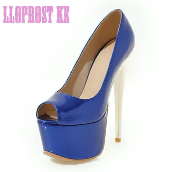 Lloprost ke Fashion Patent Leather Women Shoes Big Size 30-48 16CM High heels Pumps Sexy Peep toe Platform Wedding Shoes JT134
