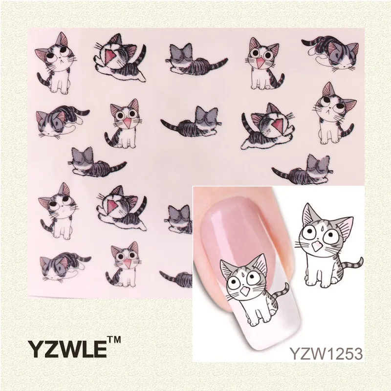 YZWLE 1 Sheet Nail Art Water Decals Transfers Sticker Pretty Black Cat Pattern