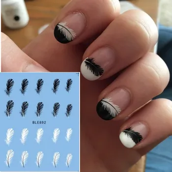 1 sheet Black White Feather Water Decals Transfer Watermark Sticker Decoration DIY Foil Polish Nail Beauty Sticker Tool SABLE892