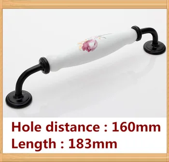 Length 183mm Hole C:C: 160mm Zinc alloy porcelain drawer handles cabinet handle black color with tulip print
