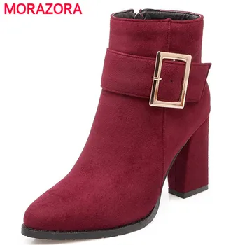 MORAZORA 2017 Autumn boots women flock pointed toe square heels side zipper buckle fashion ankle boots big size 35-43
