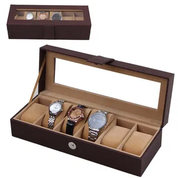 ZLIMSN 6 Grid Watch Storage Glass Window Jewelry Wrist Watches Display Collection Storage Box Case Leather Skmei Caja Reloj