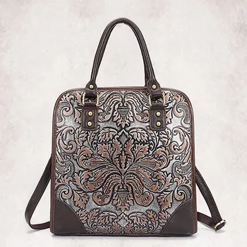 Women Handbag Genuine Leather Tote Bag Vintage Embossing Design First Layer Cowhide Shoulder Messenger Bags