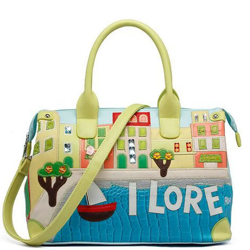 Women's embroidery fun handbag girls colorful dream house messenger bag big capacity shopping cross body bag lady commute tote