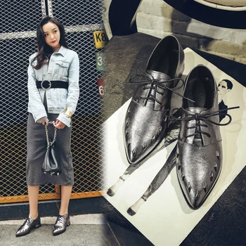 Spring Autumn Rivet Shoes Women's Brogue Shoes Leather Creepers Toe Slip On Derby Oxford Shoes Women Casual Girl Flats