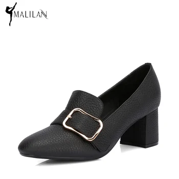 MALILAN 2017 Spring Genuine Leather Women High Heel Pumps Black Medium Heel Shoes Sexy Womens Heels Casual Women Office Shoes