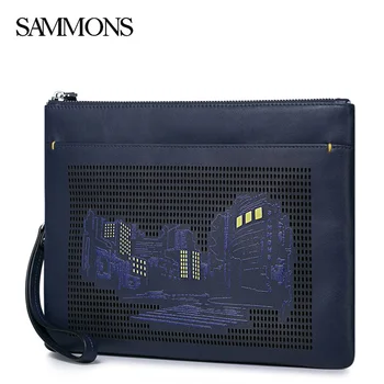 SAMMONS Men's Genuine Leather Clutch Fashion Zipper Large Capacity Phone Purse Male Leisure Leather Hollow Brand Wallets 350233