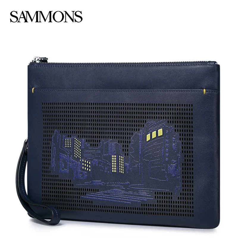SAMMONS Men's Genuine Leather Clutch Fashion Zipper Large Capacity Phone Purse Male Leisure Leather Hollow Brand Wallets 350233