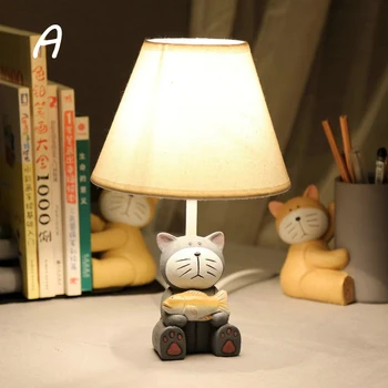 Cute Cat Design Resin Table Lamp With Linen Shade For Kid's Room Height 28cm 2 Colors Kid's Reading Study Desk Lamp