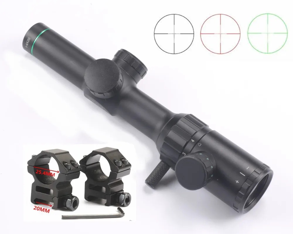 Hunting Rifle scope Green Red Illuminated 1-4x20 With Range Finder Reticle Caza Air Rifle Scope Sight + 25.4mm Scope Mount Rail