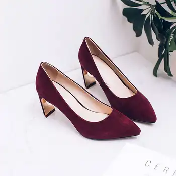 2017 New fashion thick high heel pearl with women pumps flock pointed toe shallow sexy party wedding women shoes 71