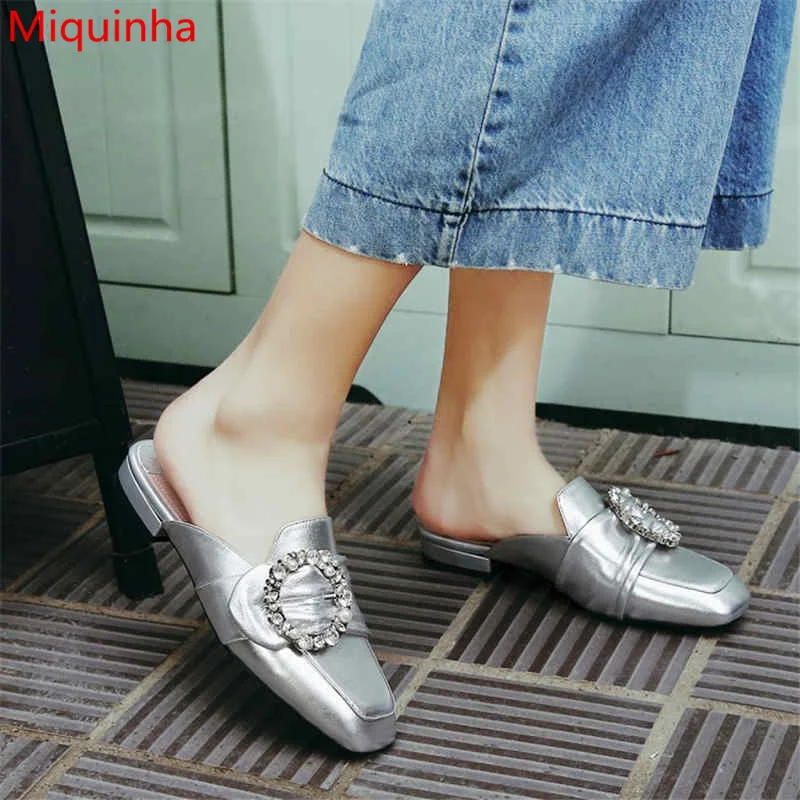 Miquinha Retro Square Toe Low Heel Women Slipper Street Style Women Star Spring Summer Shoes Crystal Buckle Decor Mujer Sandalia