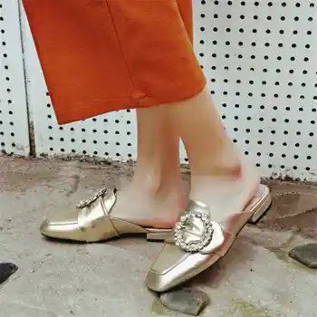 Miquinha Retro Square Toe Low Heel Women Slipper Street Style Women Star Spring Summer Shoes Crystal Buckle Decor Mujer Sandalia