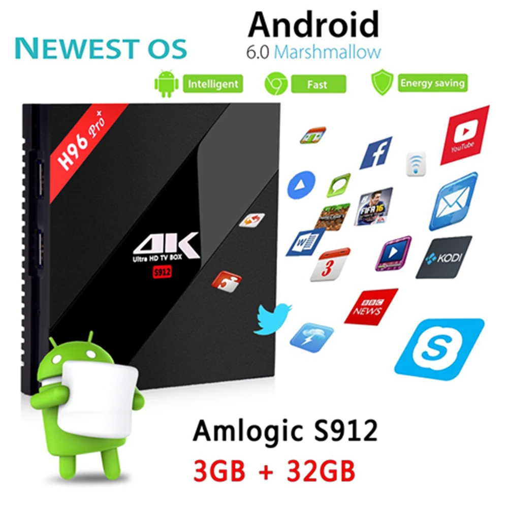 H96 Pro + Android 6.0 TV Box Amlogic S912 Octa Mali-T820MP3 GPU 3G RAM 32G ROM wifi Gigabit 1000LAN Bluetooth 4.1 IPTV Smart TV