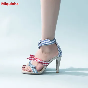 Miquinha Blue and Red Mixed Color Gingham Butterfly-knot Sweet Girls Women Sandals High Thin Heel Women Lace Up Casual Sandals