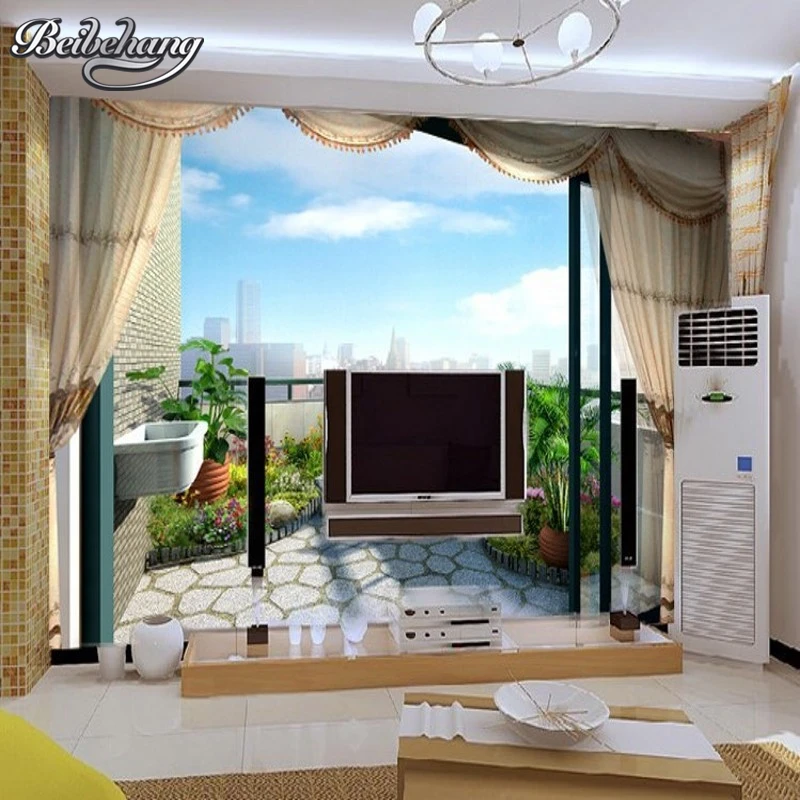 Beibehang 3D Photo Wallpaper Natural Balcony Curtain Wall Painting Bedroom Living Room TV Background wallpaper for walls 3 d